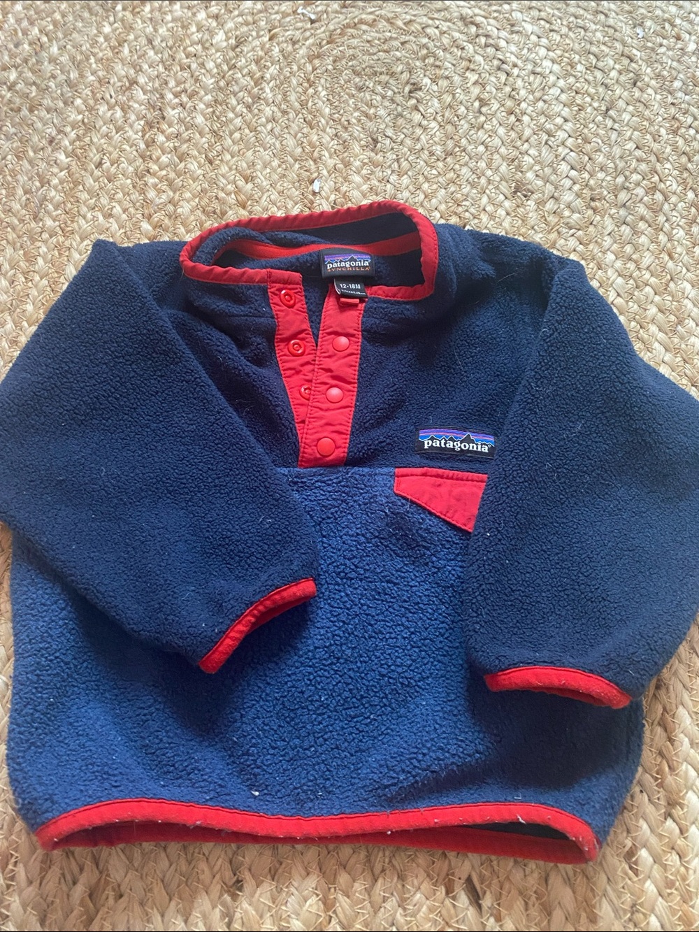 Patagonia Navy Blue Fleece Pullover with Red Trim, size 12-18 months